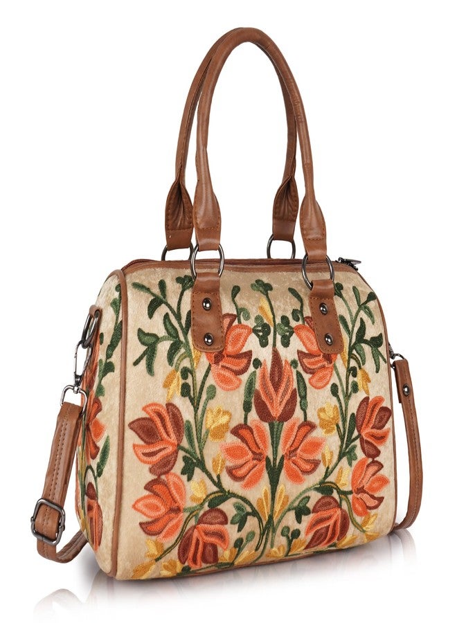 EVEDA Women Floral Embroidered Shoulder Bag, Vintage Style Handbag with Leather Handles,Sling Strap with Botanical Design (Beige) - Image 1